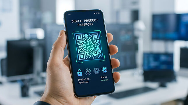 Innovative digital product passport shown on sleek smartphone screen featuring secure QR code scanning interface with verification technology icons for supply chain transparency and data security.