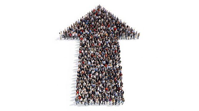 Overhead view of a large diverse group of people standing together, forming a clear upward-pointing arrow shape on a clean white background.
