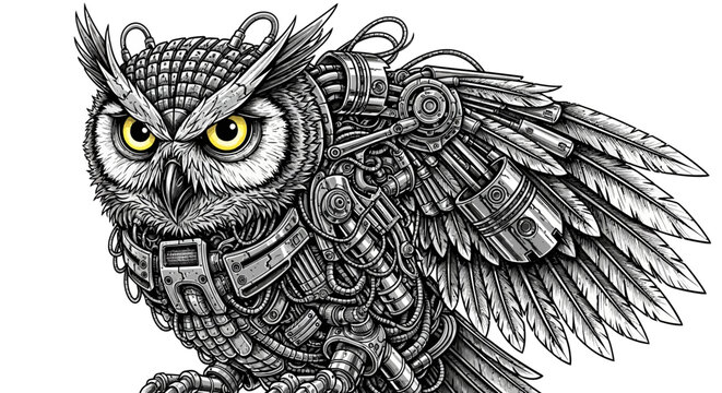 Robotic owl with yellow eyes.