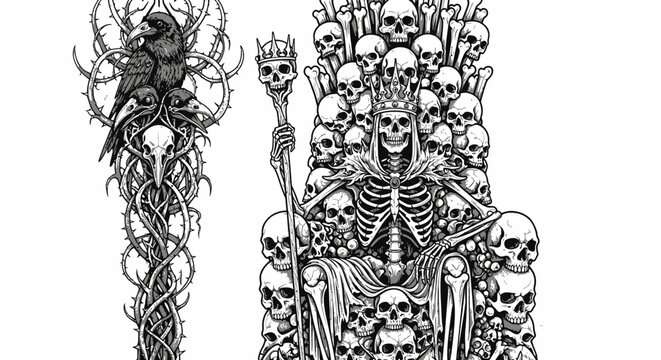 Skeleton wearing crown sitting on throne.