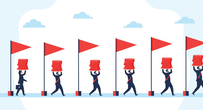 Row of businessmen marching together while each carrying a stack of red books under matching red group flags.
