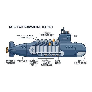Diagram of a Nuclear Submarine (SSBN) with Labeled Components
