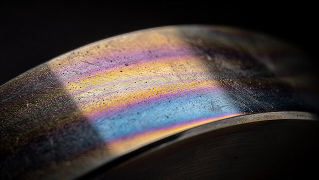 Iridescent Rainbow Color Bands on Curved Scratched Metallic Surface With Blue Pink and Gold Gradient on Dark Background, Abstract Anodized Titanium Texture Macro Photography