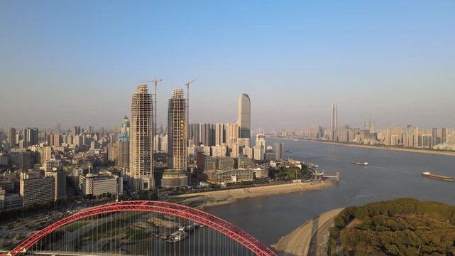 Aerial view of Wuhan skyline and riverfront in China in Wuhan, China