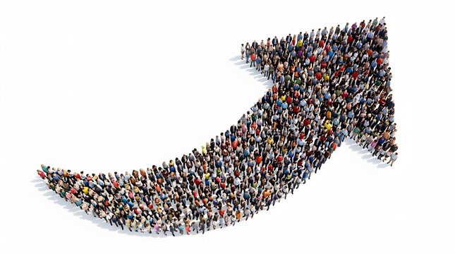 A large diverse group of people viewed from above, collectively forming a dynamic upward-curving arrow shape on a clean white background, symbolizing progress and growth.