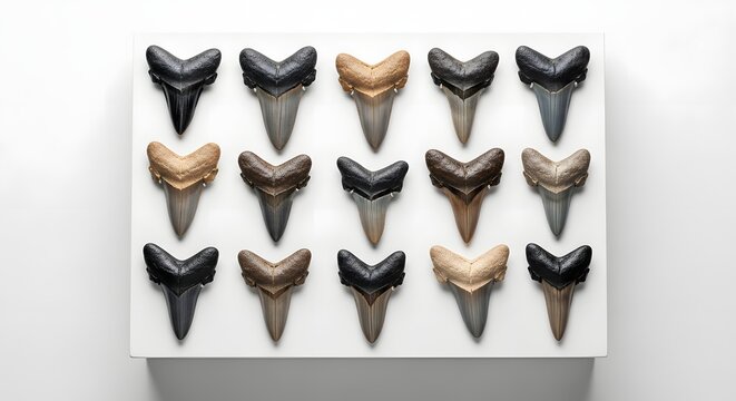 Collection of Fossilized Megalodon Shark Teeth Displayed on White Background.