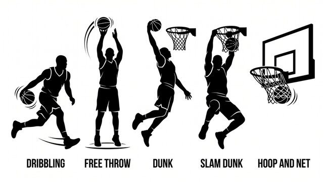 Basketball player silhouettes demonstrating dribbling free throw dunk slam dunk