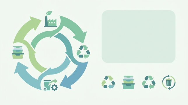 Circular diagram illustrating the recycling process with factory, waste bin, and material icons, depicting sustainability against a light background