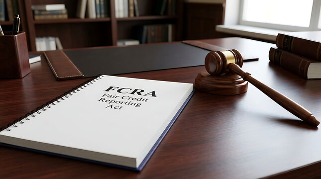 Legal Compliance Concept Featuring FCRA Fair Credit Reporting Act Paperwork Accompanied by Wooden Gavel on Office Desk for Regulatory Justice Protection and Financial Consumer Rights Lawsuit