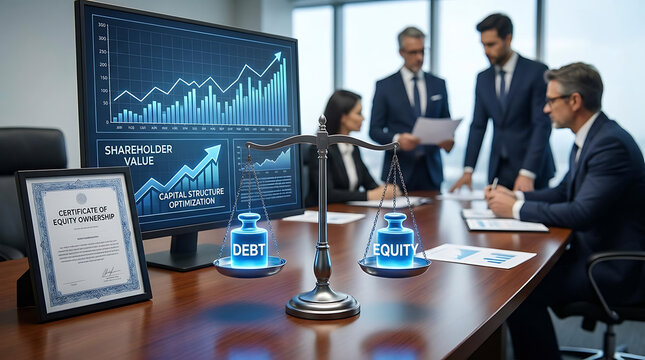 Corporate equity ownership and shareholder value concept illustrating business finance strategy with detailed capital structure management and investment asset growth visualization.
