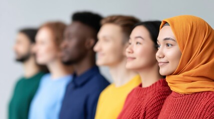Obraz premium Diverse young adults standing in a row looking ahead with hopeful expressions, representing unity, inclusion, optimism, and cultural diversity in a modern setting