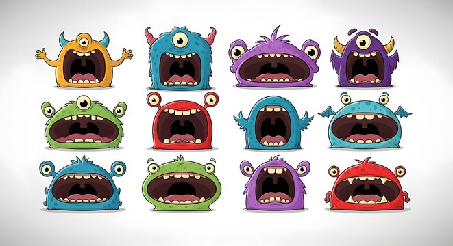 Collection of Twelve Adorable and Funny Cartoon Monsters with Big Mouths.