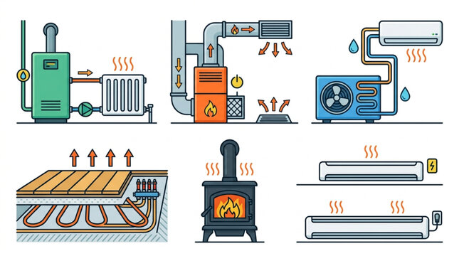 Collection of diverse heating systems including radiators, wood stove, underfloor heating, and air conditioning units against a clean white background