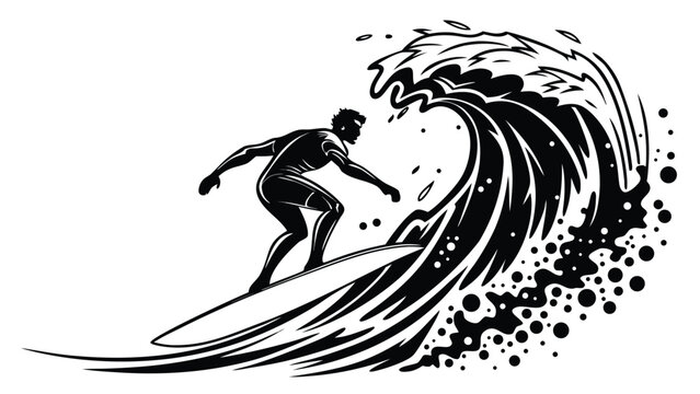 Vector illustration of a surfer riding a big ocean wave in action, black and white dynamic artwork, adventure