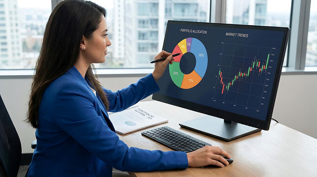 Professional financial investor rebalancing a diversified asset portfolio using a digital interactive pie chart and stock market candlestick graph on a modern technology touchscreen interface.