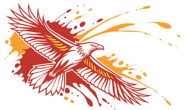 Vector illustration of a flying eagle with open wings and dynamic red and orange paint splatters design