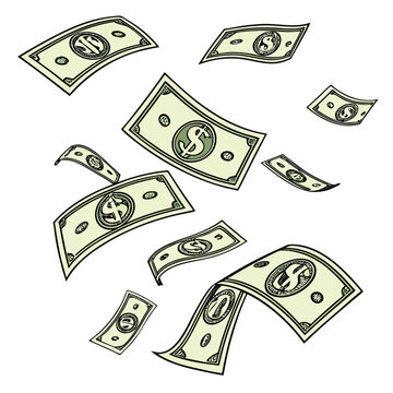 Vector illustration of american dollar bills falling and scattering, a concept of wealth and success, currency