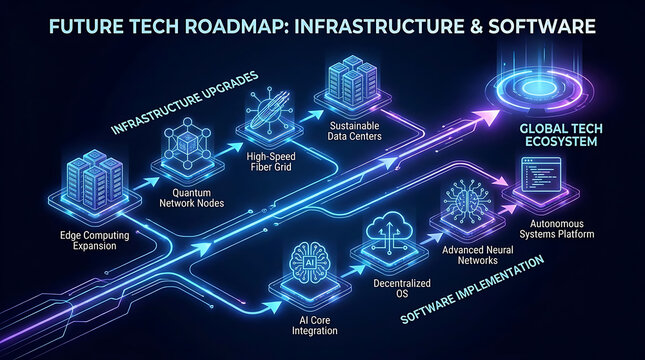 Futuristic digital technology roadmap visual displaying advanced infrastructure development strategy, innovative software system deployment, and corporate planning for technical evolution.