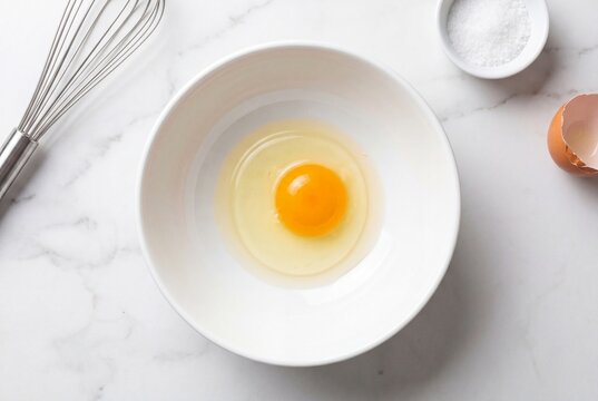 A raw cracked egg sitting inside a pristine white ceramic bowl on a bright marble kitchen counter.