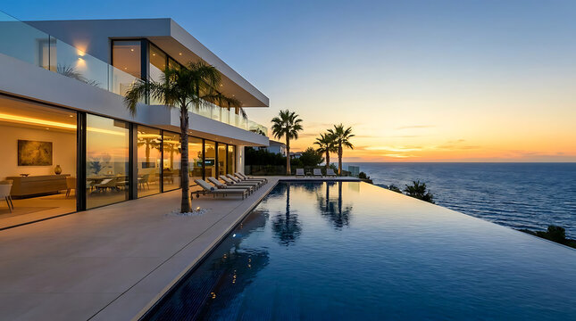 Contemporary minimalist white mansion featuring a crystal clear infinity swimming pool with a panoramic coastal landscape and horizon vista over the turquoise sea at sunset or dawn.