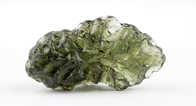 A Raw Moldavite Tektite Specimen Displaying Deep Green Hue With Intricate Pitted Surface Texture.