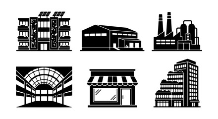 Obraz premium Building Icons Set: Modern Architecture, Factory, Shop, Office, Mall Vector Graphics