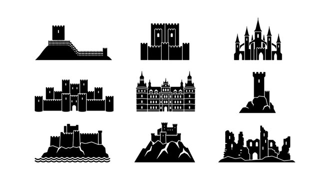 Castle Icons, Fortress Silhouettes, Medieval Architecture Set