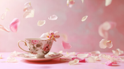 Fototapeta premium Elegant teacup with an orchid on a saucer, falling petals creating a romantic still life for tea time celebration