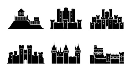 Medieval Castle Icons, Fortress Silhouettes, Royal Palace Vector Set © MdNurul