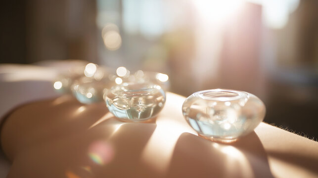 Glass cupping therapy cups placed on a person's back receiving a relaxing wellness treatment in a warm spa environment