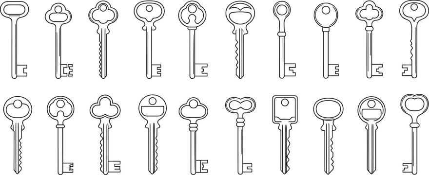 Minimal vintage skeleton key line icon set, antique decorative outline collection, vector illustration