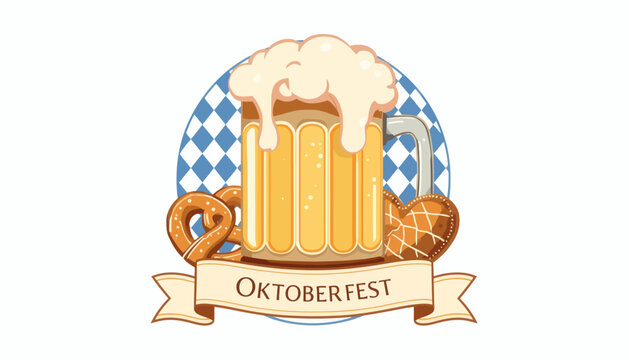 Oktoberfest celebration emblem with beer mug pretzels and gingerbread