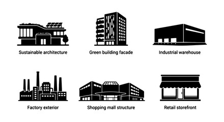 Obraz premium Modern Building Icons: Sustainable Architecture, Factory, Retail Storefronts