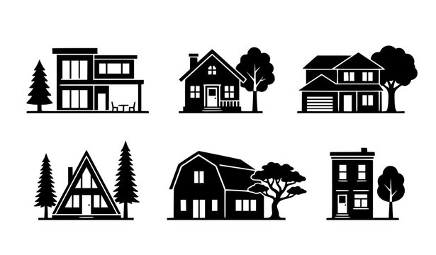 Real estate house icons set, different architectural styles silhouette vector, residential homes and cabin illustrations