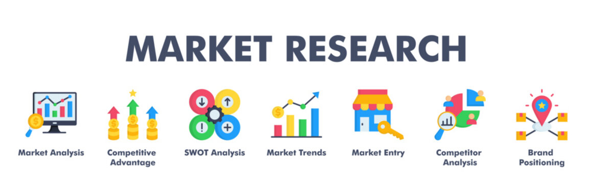 MARKET RESEARCH web banner icon vector illustration concept for business with icon of Market Analysis, Competitive Advantage, SWOT Analysis, Market Trends, Market Entry, Competitor Analysis.
