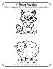 Fototapeta premium Printable farm animal 4-piece puzzle worksheets for preschool and kindergarten learners. Children color, cut, and reassemble each barnyard animal puzzle, strengthening spatial reasoning and fine motor