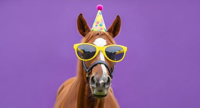 Brown horse wearing sunglasses and party hat.