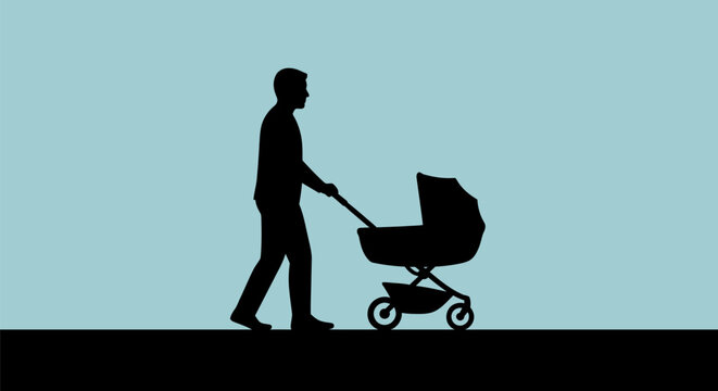 Silhouette of a father walking with a baby stroller.