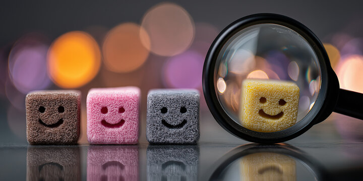 Colorful Smiley Face Foam Blocks Viewed Through a Magnifying Glass with Bokeh Lights