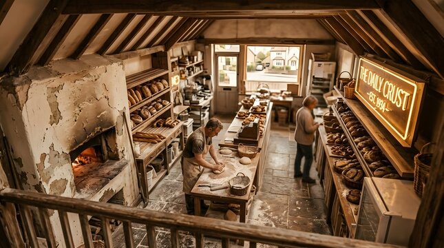 Artisan bakery shop featuring bread baking and fresh pastries