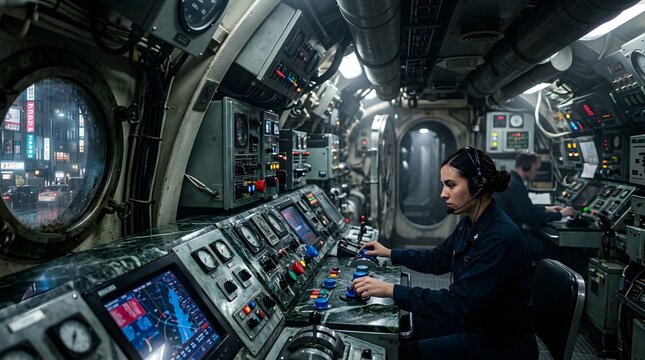 Control room operator working with advanced maritime technology