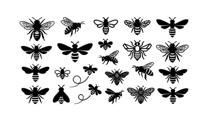 Monochrome bee silhouette pack with realistic and abstract insect vector illustrations © ShanjidaAkter