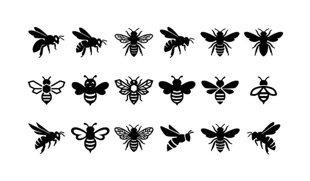 Minimal black bee silhouette icons with geometric flying insect vector collection
