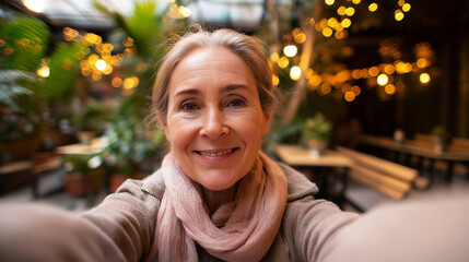 Obraz premium Smiling mature woman taking a selfie portrait at a cozy cafe terrace with warm lights and plants