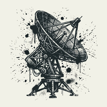 Satellite Dish Antenna, Retro Sketch Style, Spray Paint Splatter Background