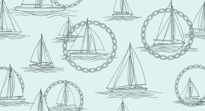 Nautical pattern with sailboats and chains in a sketched style on a light blue background for marine themed fabrics.