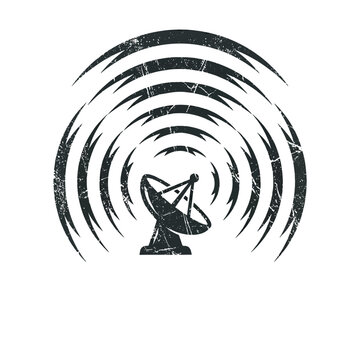 Satellite dish emitting radio waves, vintage graphic