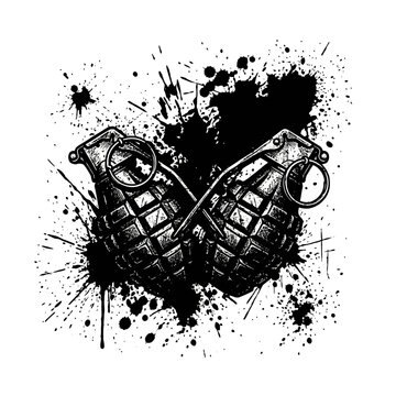 Two hand grenades with black ink splatters