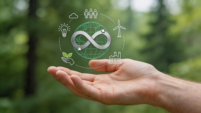 Circular economy concept with infinity symbol over earth globe, icons of people, industry, wind turbine, light bulb, and leaves in hand, representing sustainable development,