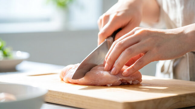 キッチンで包丁を使い鶏肉を切る女性の手元 まな板の上で食材を調理する主婦